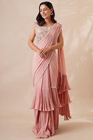 peach georgette embellished pre-draped saree set