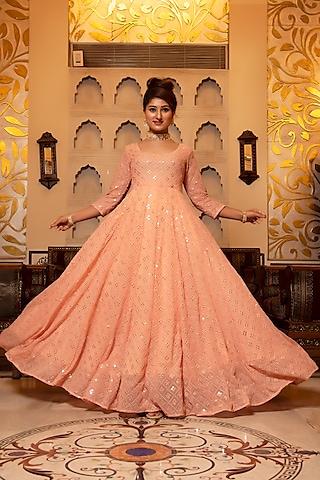 peach georgette embroidered anarkali set