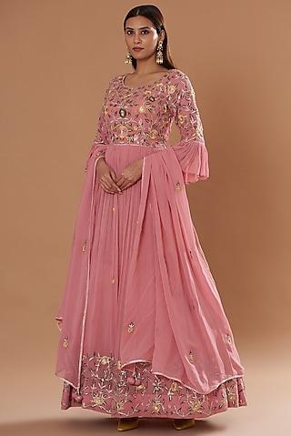 peach georgette embroidered anarkali set