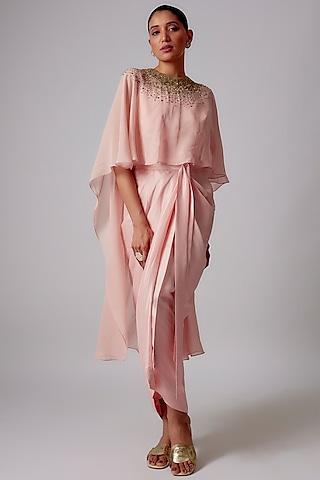 peach georgette embroidered cape set