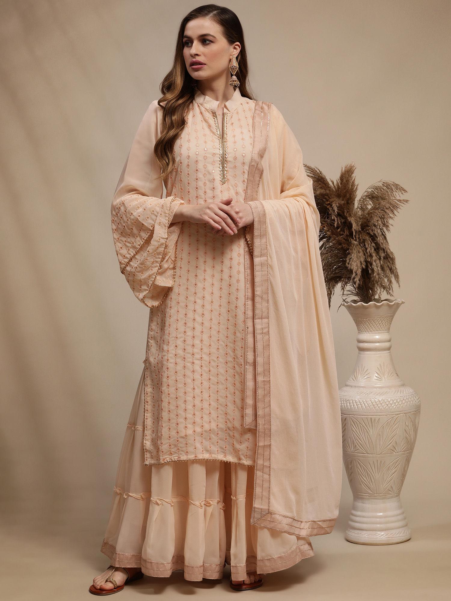 peach georgette embroidered dress material