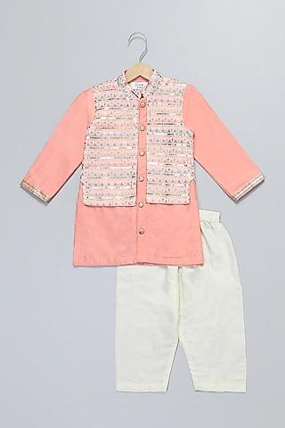 peach georgette embroidered kurta set for boys