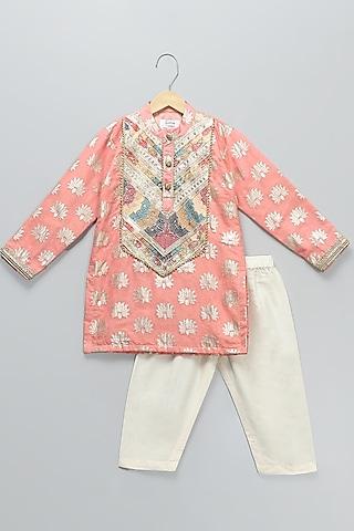 peach georgette embroidered kurta set for boys