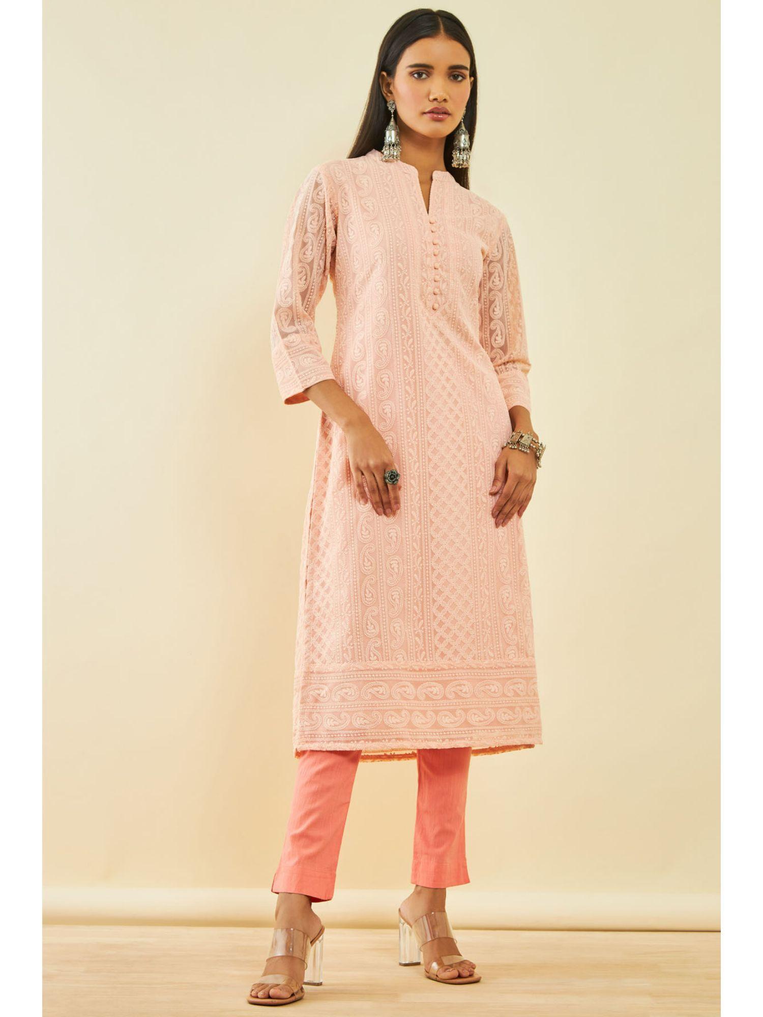 peach georgette embroidered kurta with chikankari work