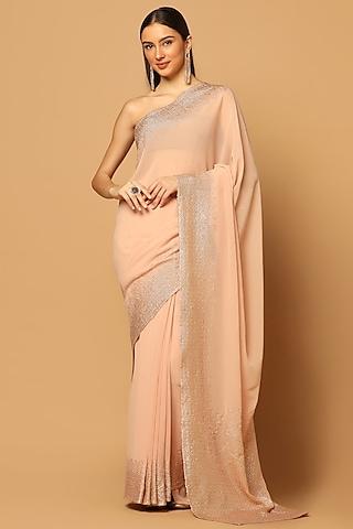 peach georgette embroidered saree set