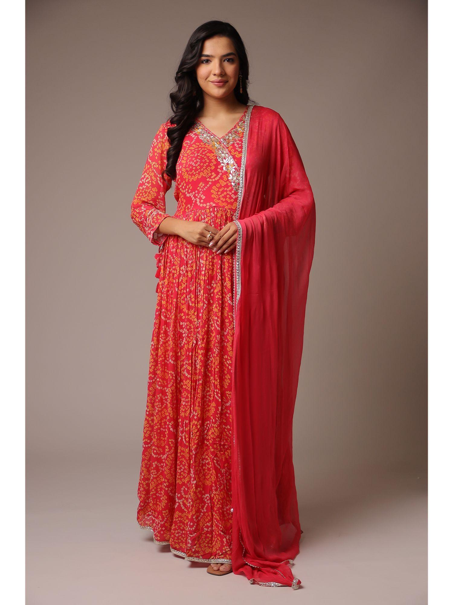 peach georgette ethnic dress with embroidery work (set of 2)