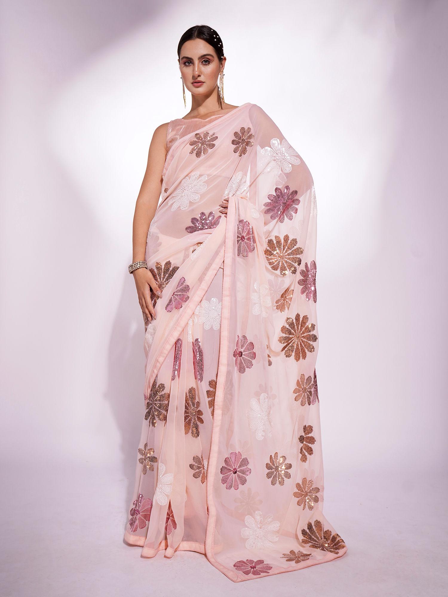 peach georgette floral embellished and sequined saree and unstitched blouse