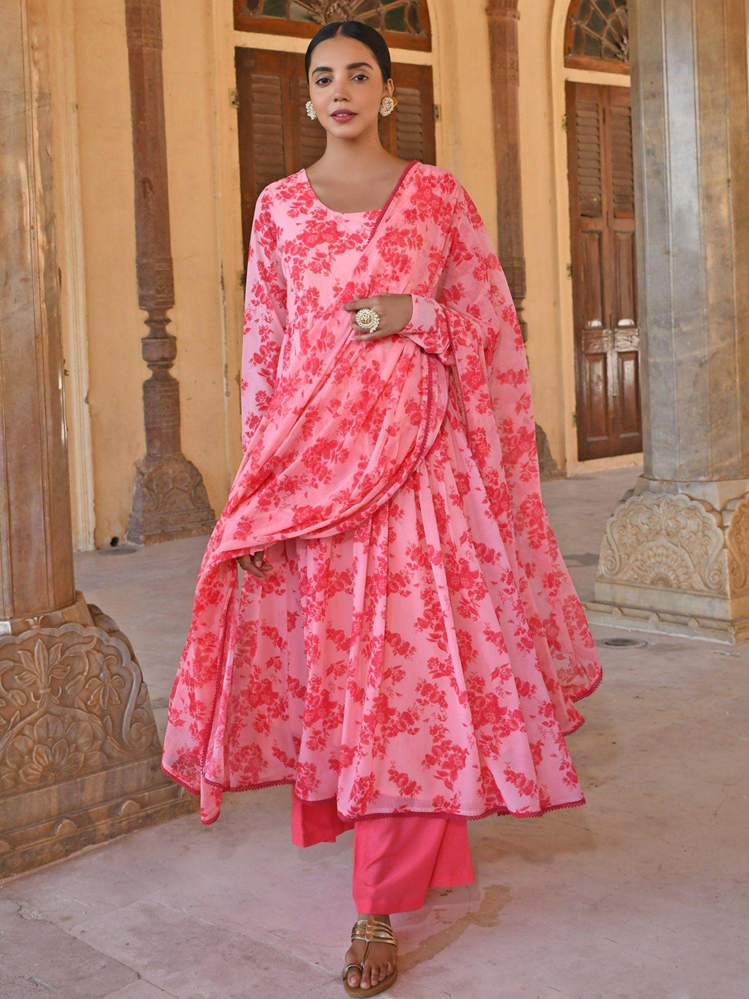 peach georgette floral print kurta with flared palazzo and dupatta