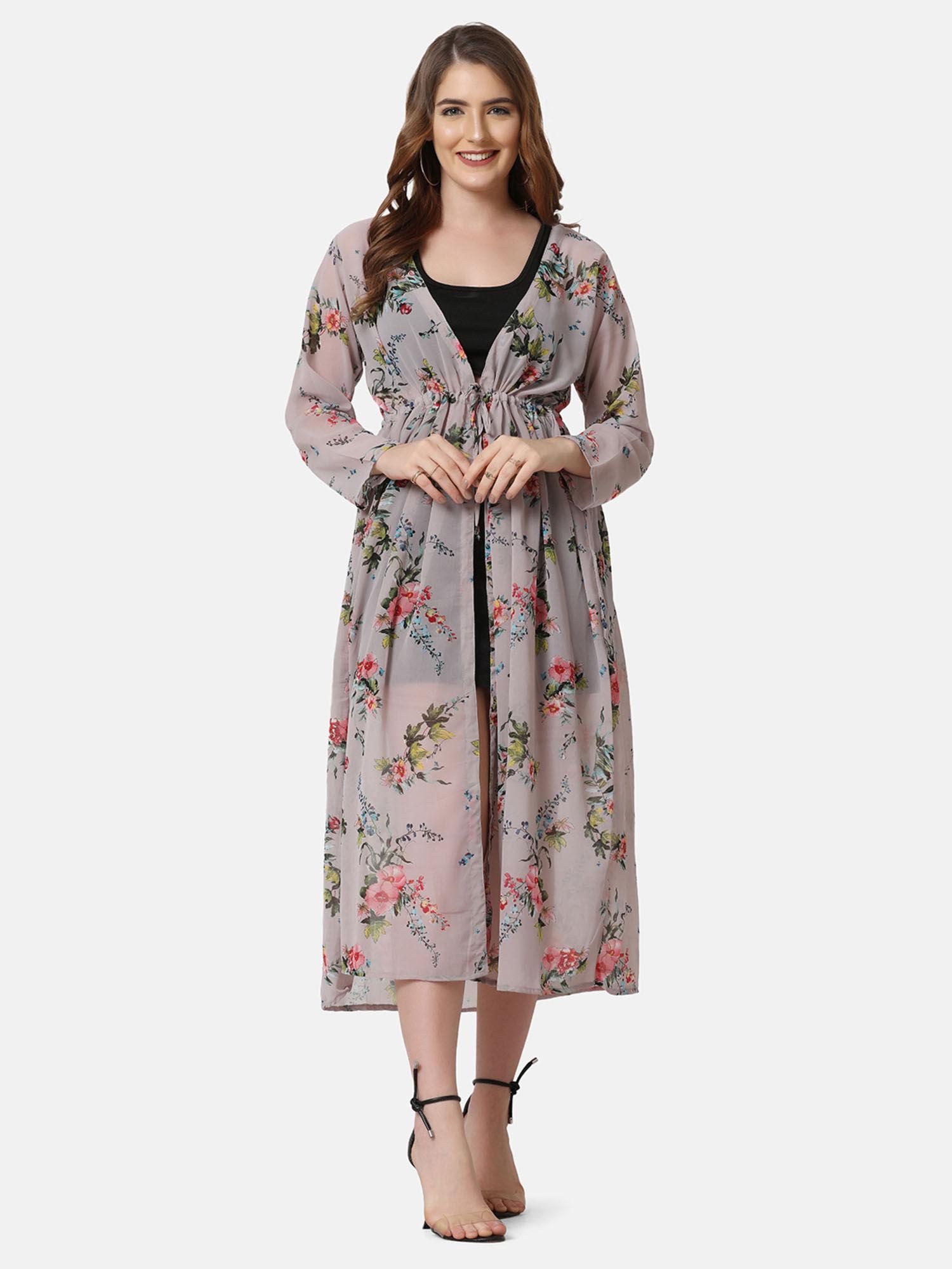 peach georgette floral print women long shrug