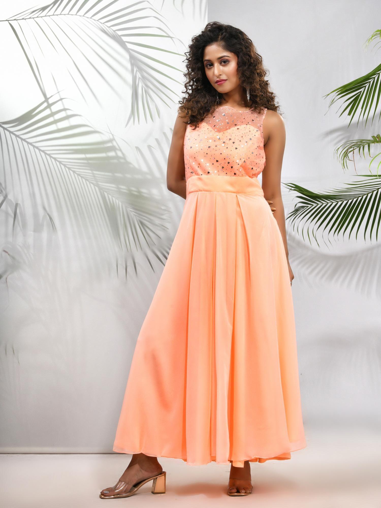 peach georgette gown with bow