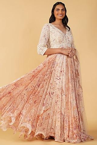 peach georgette hand printed & embroidered anarkali set