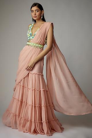 peach georgette pant saree set