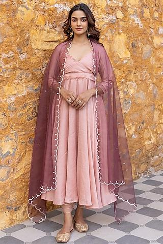 peach georgette pearl embroidered anarkali set