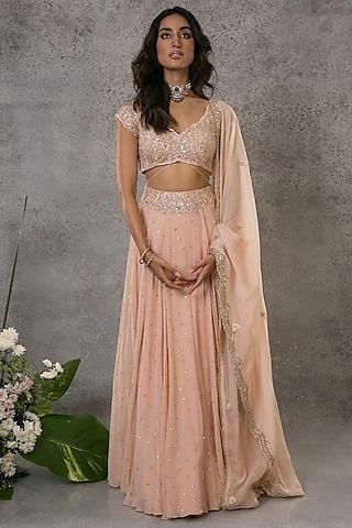 peach georgette pearl embroidered lehenga set