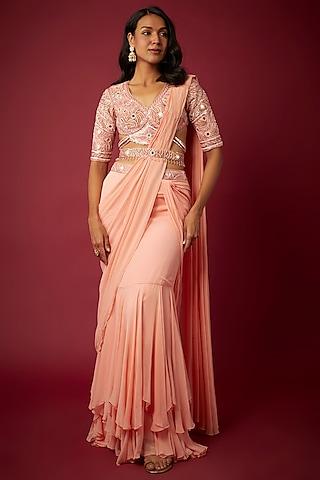 peach georgette pre-draped saree set