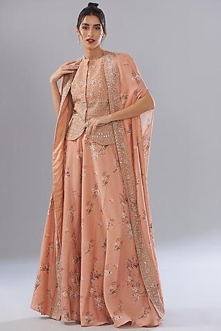 peach georgette printed & embroidered cape set