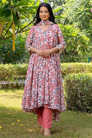 peach georgette printed anarkali set