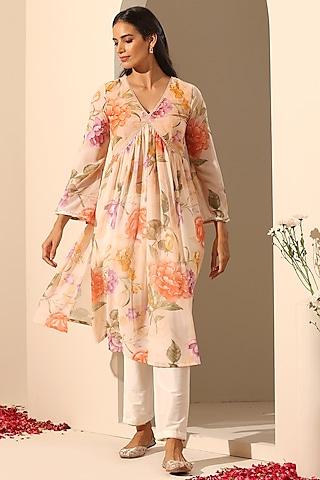 peach georgette printed kurta set