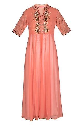 peach georgette sequins & zari hand embroidered kalidar tunic for girls