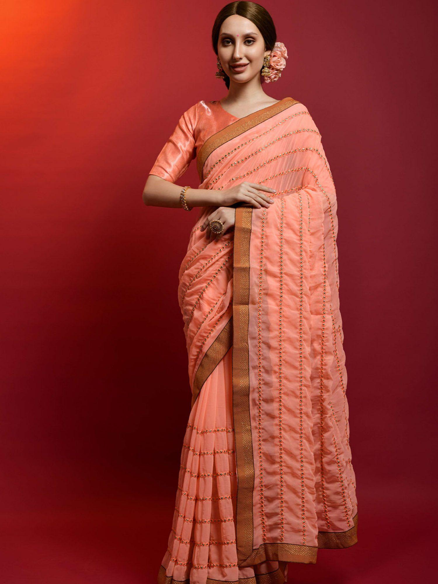 peach georgette striped sarees with unstitched blouse