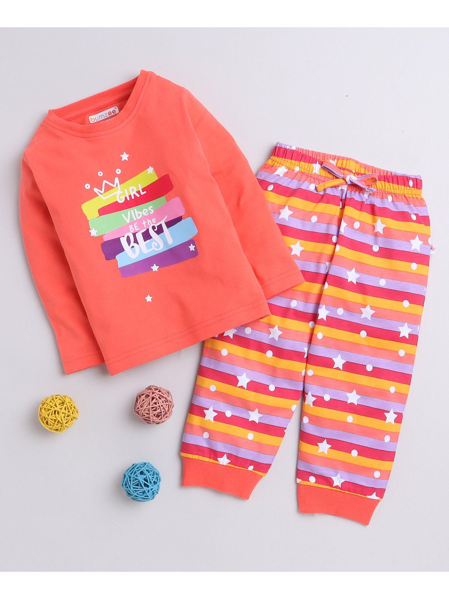 peach girls full sleeves t-shirt and pyjama (set of 2)