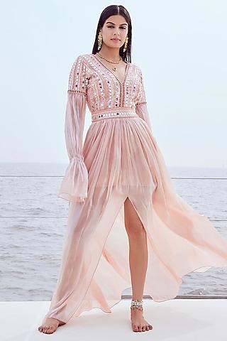 peach glass organza hand embroidered gown