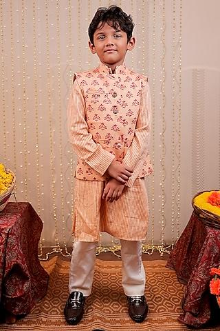 peach glaze cotton block printed nehru jacket with kurta set for boys