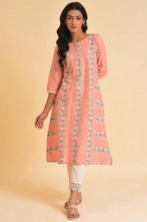 peach glitter printed a-line kurta