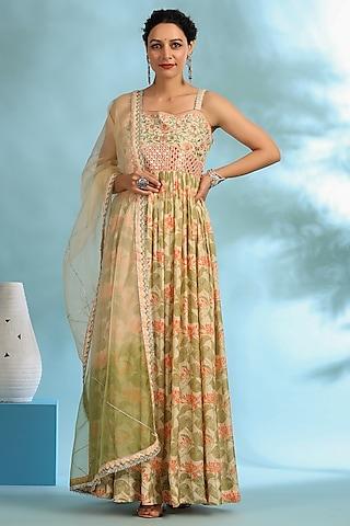 peach green muslin floral printed gown with dupatta