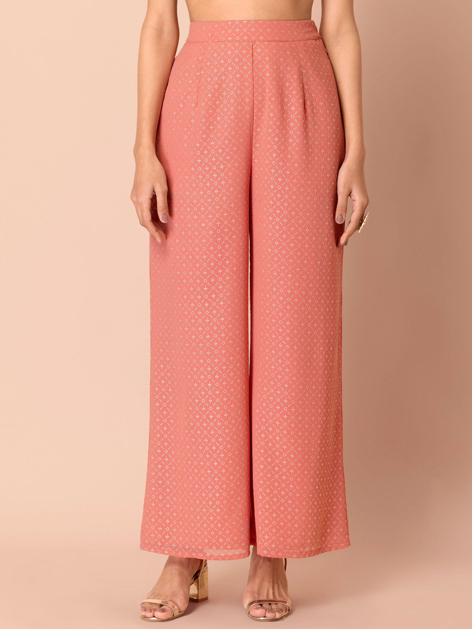 peach grid foil straight palazzo pants