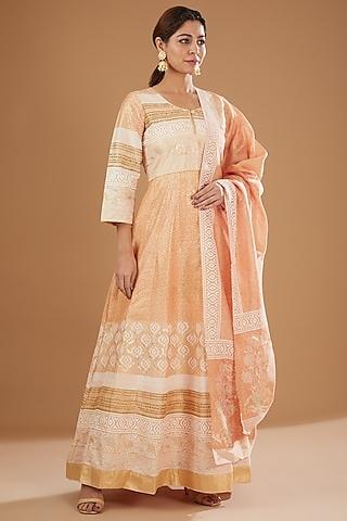 peach hand block printed anarkali set