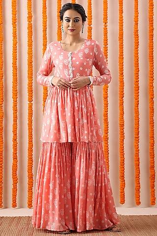 peach hand block printed gharara set