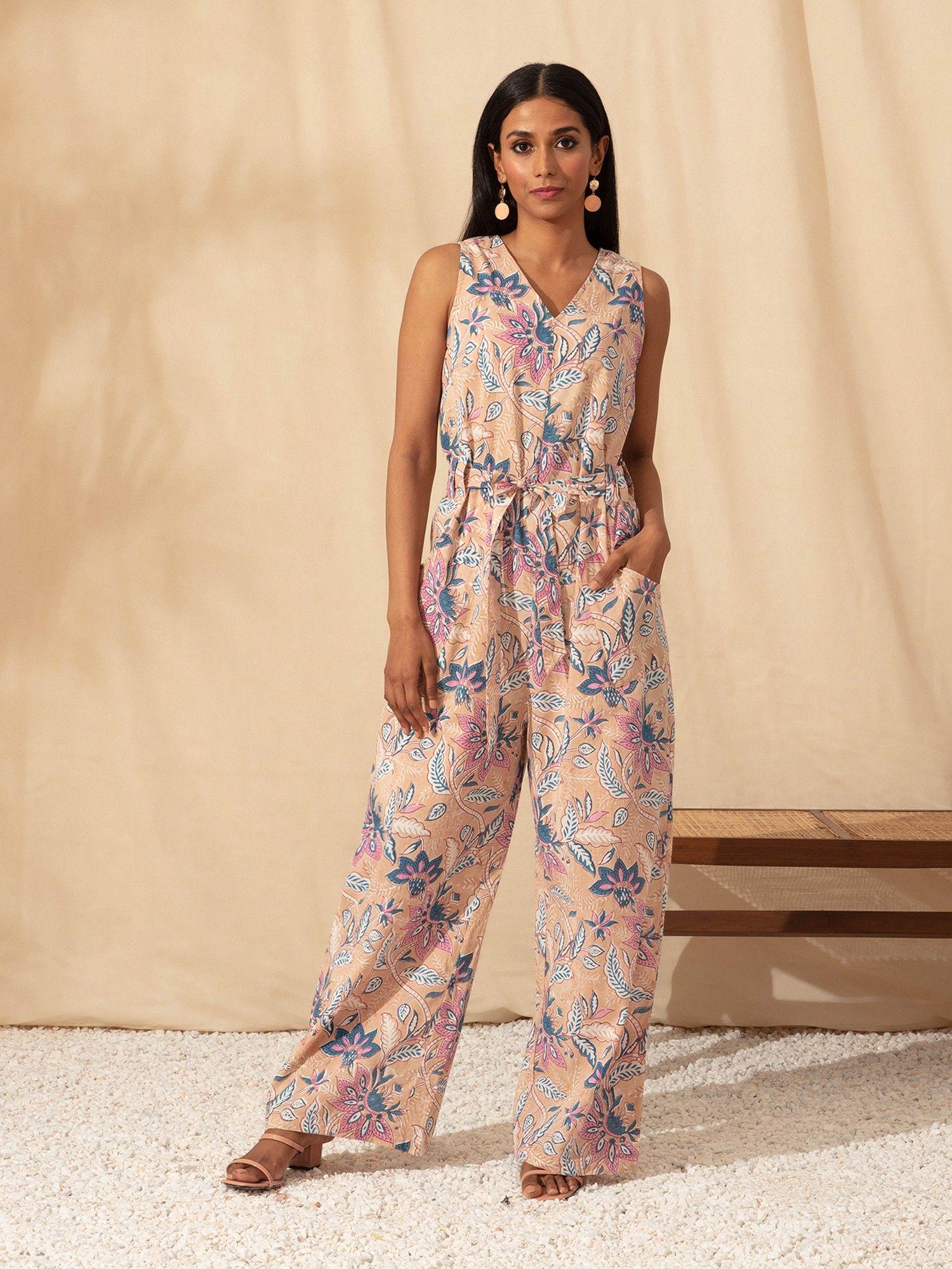 peach hand block printed jumpsuit with belt likjs01 (set of 2)