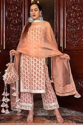 peach hand block printed kurta set