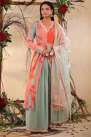 peach hand embroidered anarkali set