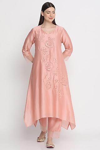 peach hand embroidered kurta set