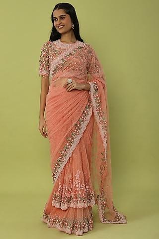 peach hand embroidered layered saree set