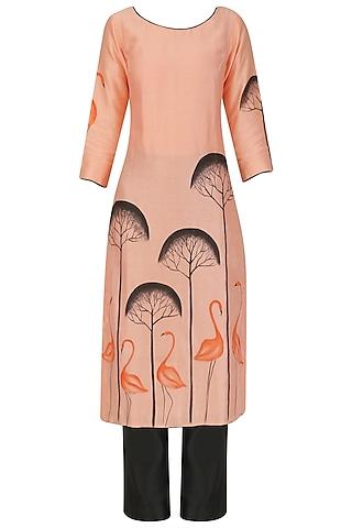 peach hand paint motif kurta and trouser set