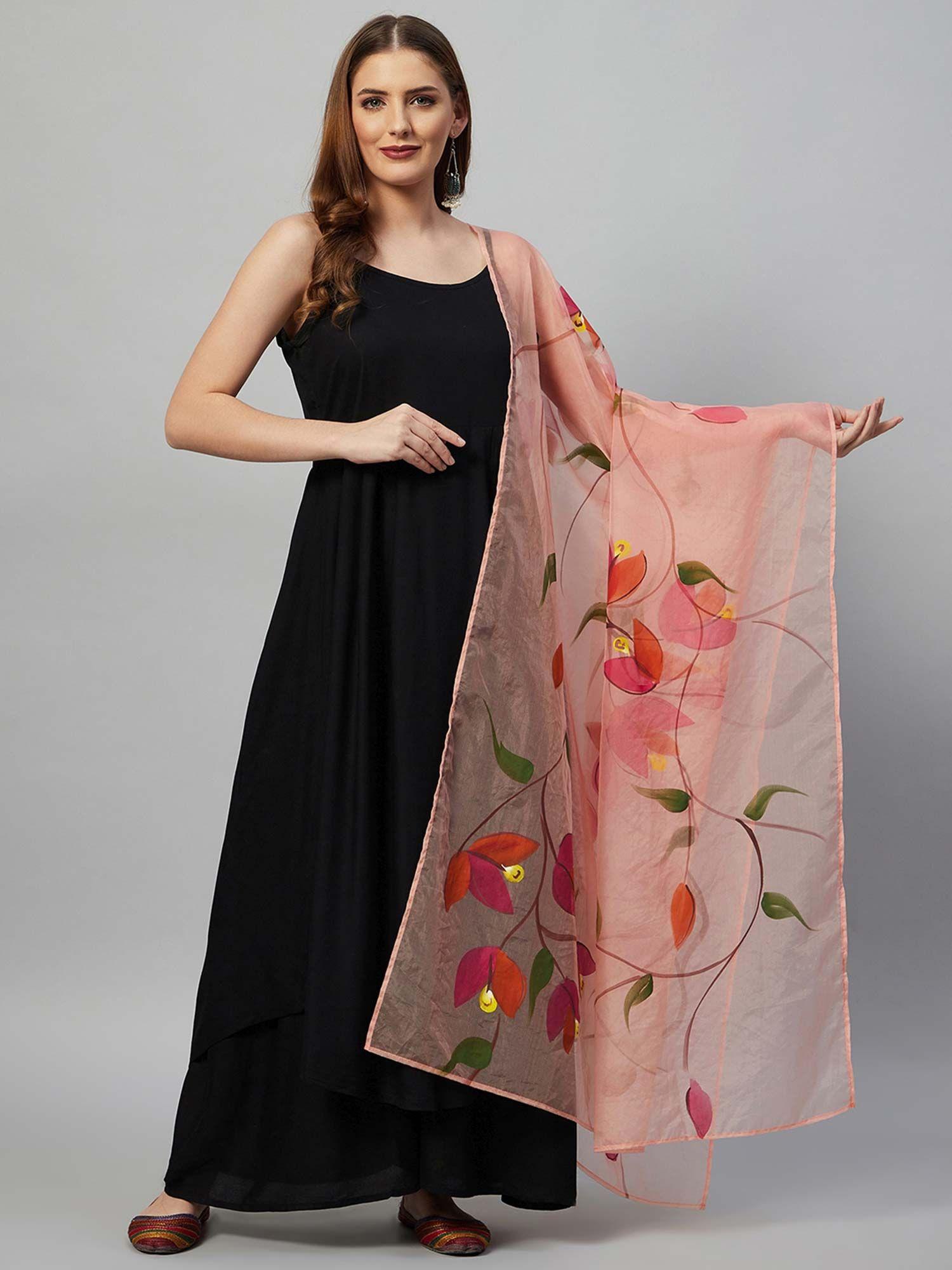 peach hand print organza dupatta