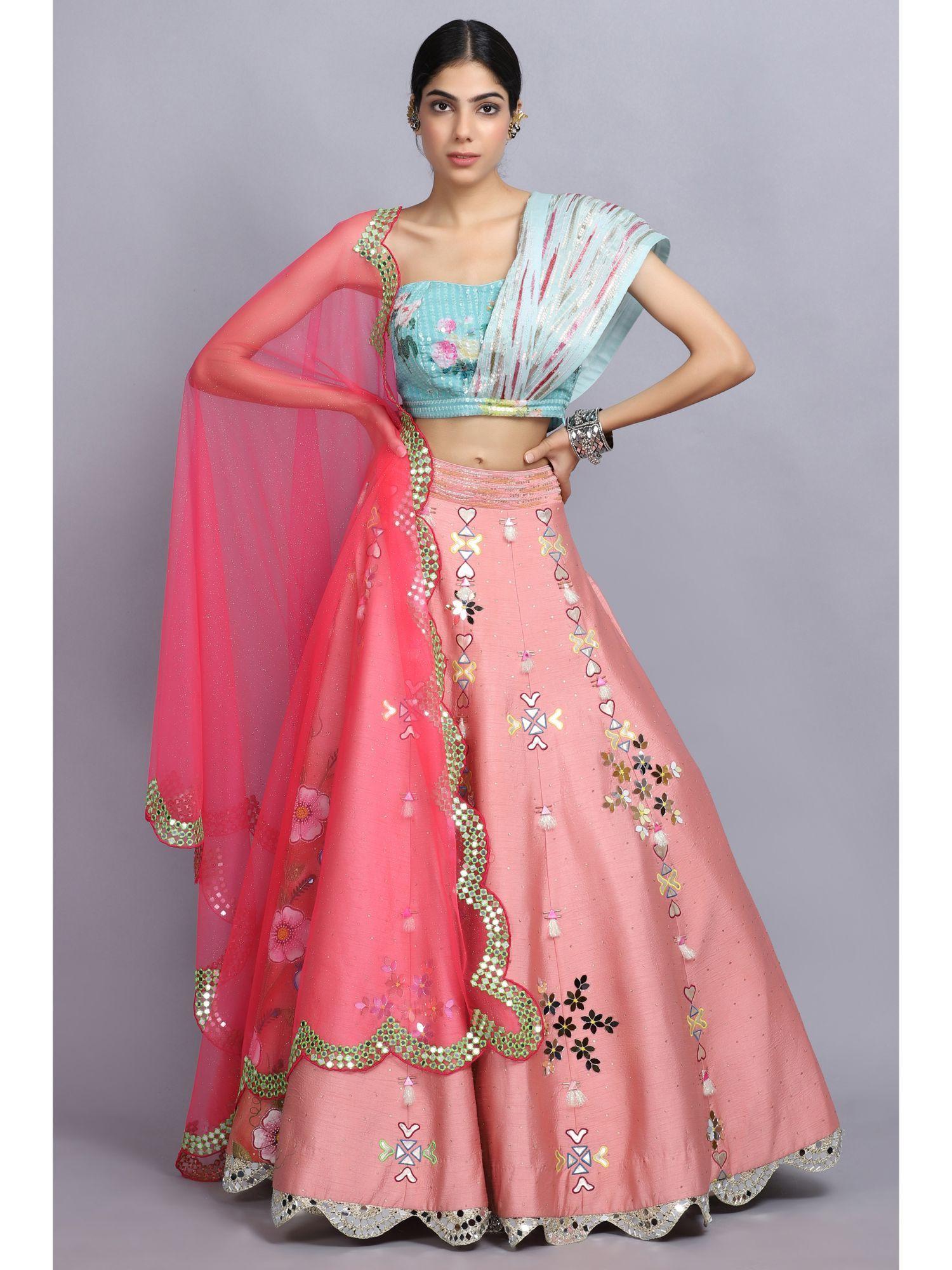 peach handpainted lehenga blouse with dupatta (set of 3)