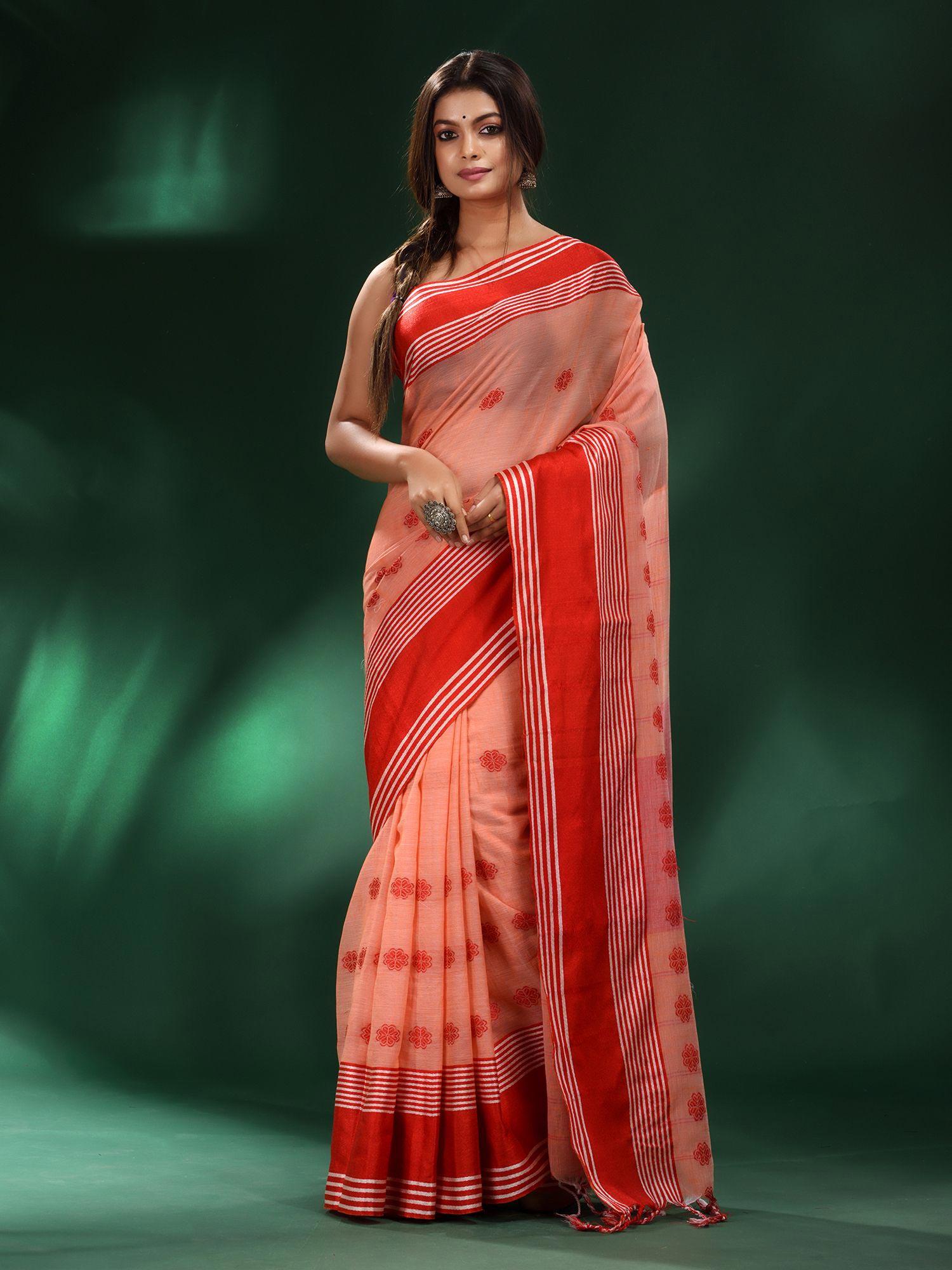 peach handspun cotton soft handwoven saree with unstitched blouse