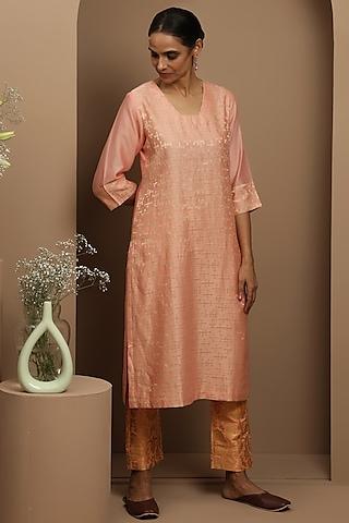 peach handwoven banarasi jacquard kurta set