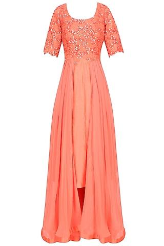 peach high low floral embroidered and sequins anarkali set