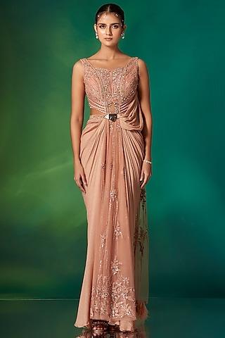 peach imported metallic fabric embellished gown