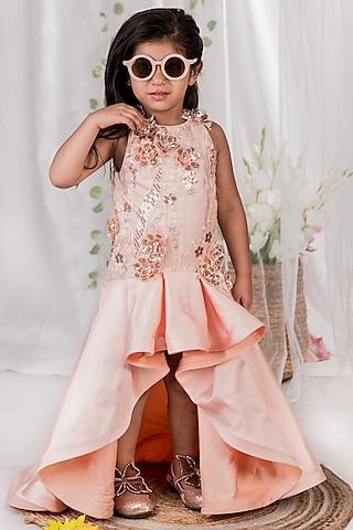 peach imported satin 3d sequins floral embellished gown for girls