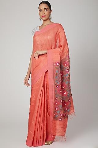 peach jamdani motif saree set