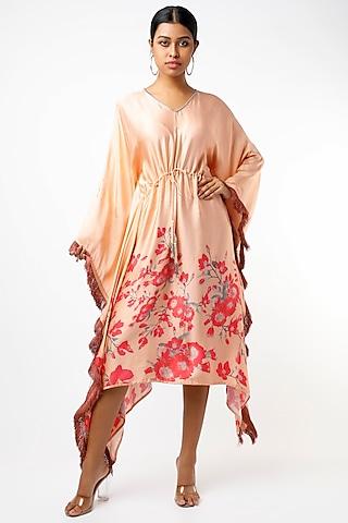 peach kaftan with red floral print