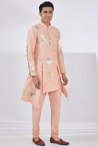 peach katan gold foil patchwork kurta set