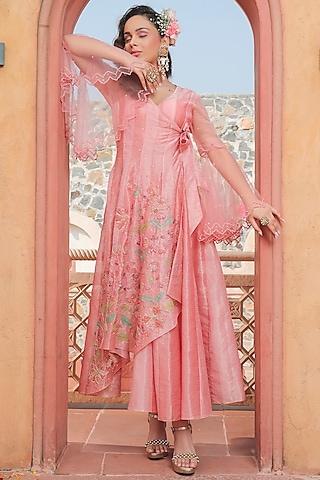 peach kota doria hand embroidered angrakha anarkali set