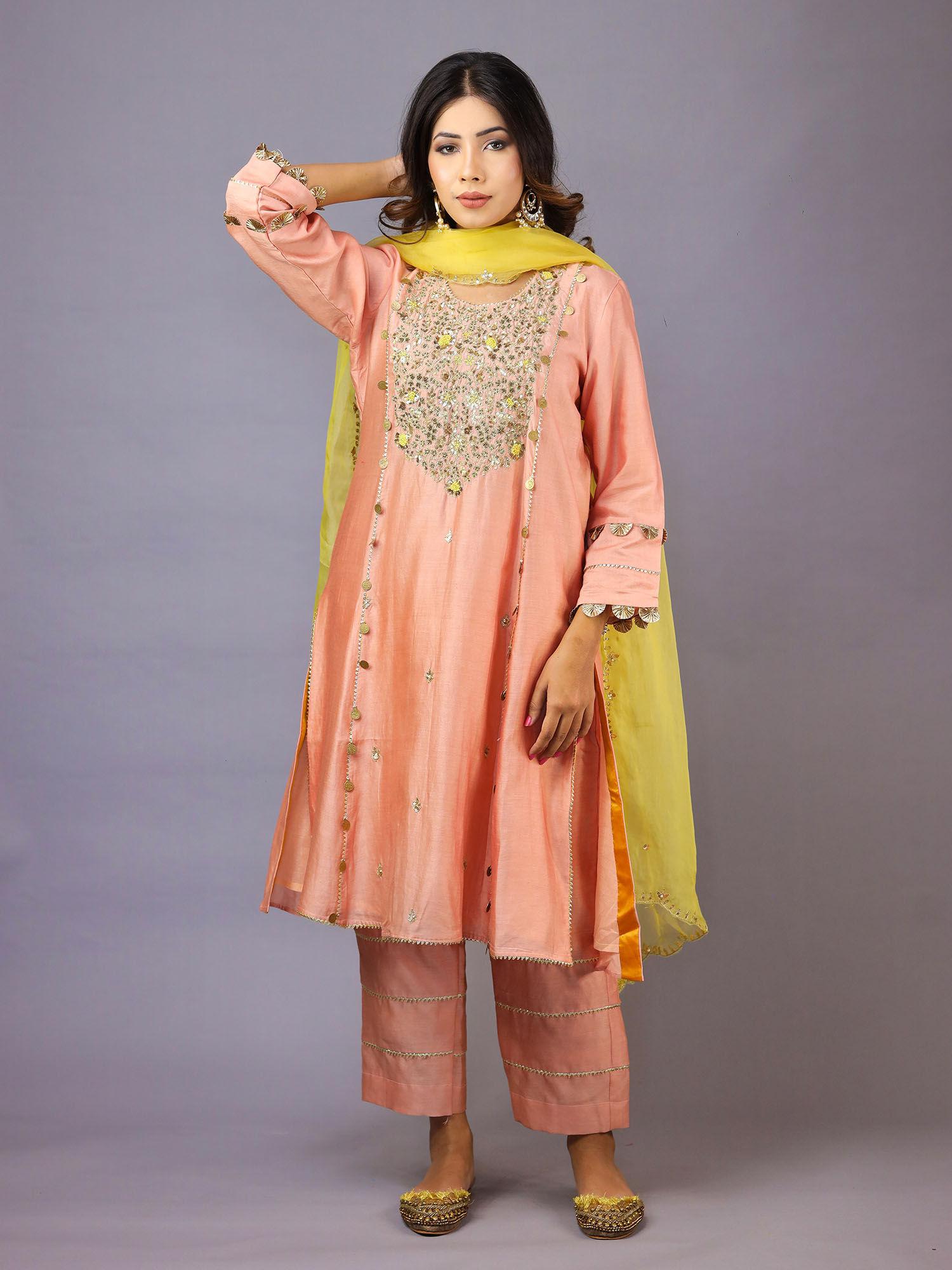 peach kurta with pant and dupatta (set of 3)